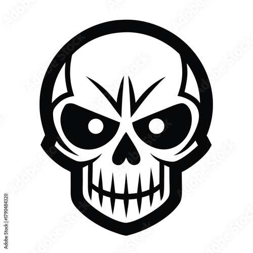 Stylized black and white skull with intense eyes and grinning teeth