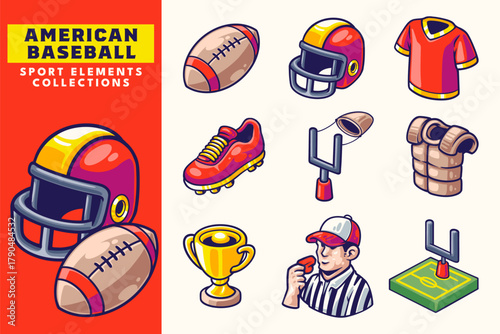 American Football Element Collection. American Sport with Helmet, Ball, and Trophy. Set Icon for Sport. Football Gear and Accessories in Cartoon Style