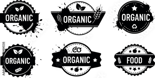 Organic food badges vector set with natural leaves and vintage style labels for healthy product packaging