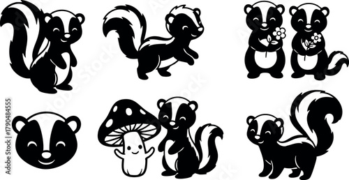 Skunk cartoon vector set with mushroom and flowers cute black and white wildlife illustrations collection