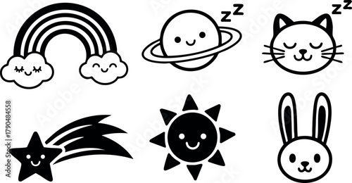 Cute sleeping planet cat rainbow shooting star sun and bunny vector icons for children design