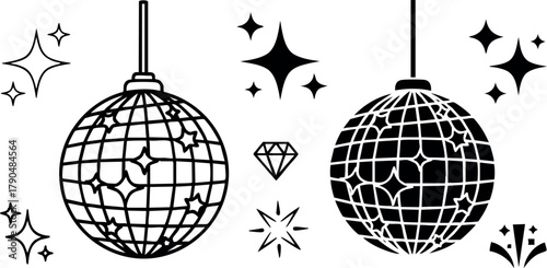 Disco ball with sparkling stars and diamond icon set in black outline style vector illustration