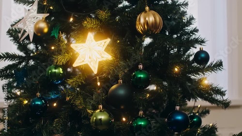 Festive Christmas Tree Adorned with Ornaments and Star Decoration.