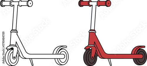 Two scooters one sketch outline and one red colored for transportation and fun