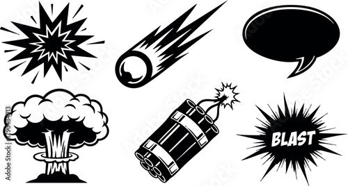 Explosive blast bomb mushroom cloud meteor speech bubble comic vector set collection