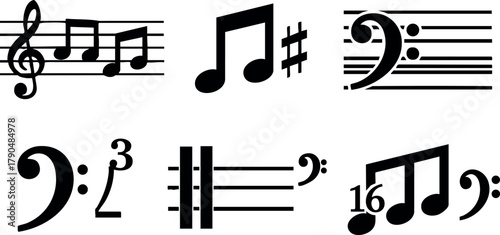 Music notes symbols collection with sharp, bass clef, and time signature vector design