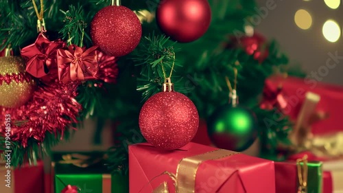 Festive Christmas Tree with Red Ornaments and Wrapped Presents Underneath, Holiday Season Celebration.