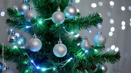 Festive Christmas Tree with Silver Ornaments and Twinkling Lights.