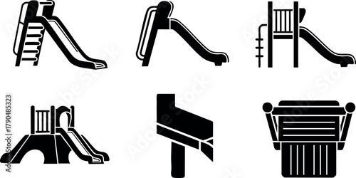 Playground slide set with ladder and climbing frame vector icons in simple black silhouette design