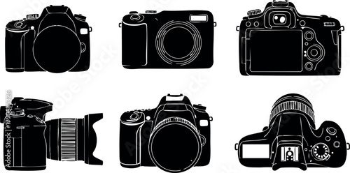 Professional digital cameras collection silhouette vector set with various angles and lens types for photography design and technology use
