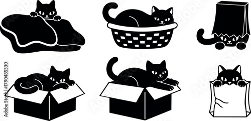 Black silhouette cats in various playful poses with boxes and bags vector illustration