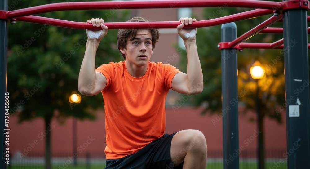 Fototapeta premium Athletic young man with chalked hands gripping red pull-up bar at outdoor park gym in the evening.