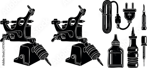 Tattoo machine with power supply and ink bottles vector illustration for tattoo art and design equipment collection