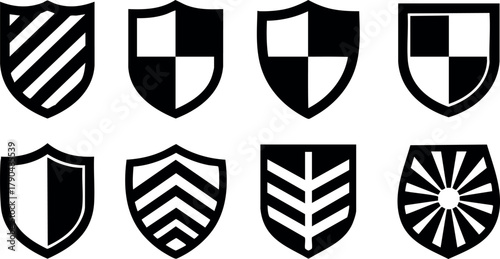 Set of eight black and white medieval heraldic shields vector illustration design elements