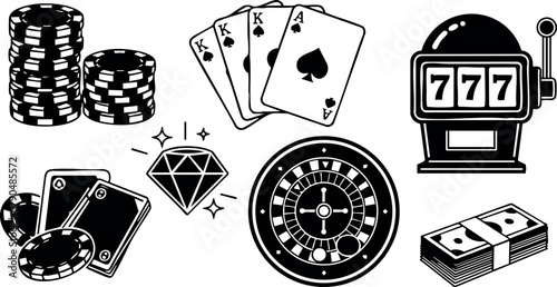 Casino gambling icons with poker chips cards slot machine diamond roulette and money stack vector illustration