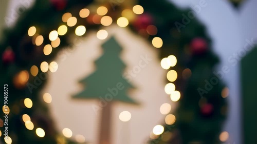 Festive Christmas Wreath with Bokeh Lights and a Christmas Tree Silhouette.