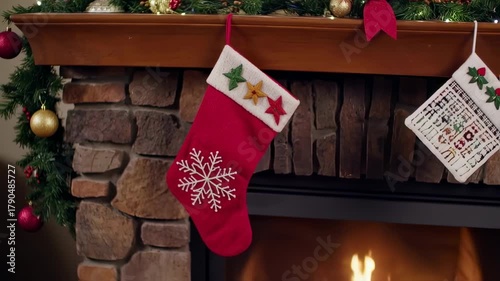 Festive Fireplace Christmas Stockings and Holiday Decorations Video.