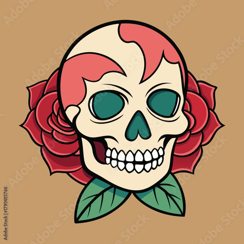 Traditional tattoo style skull and red rose illustration
