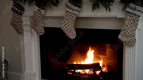 Festive Fireplace Scene with Stockings, Garland, and Burning Candles.