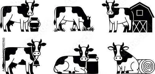 Dairy cow farm animals grazing and resting with barn and milk bucket vector set illustration