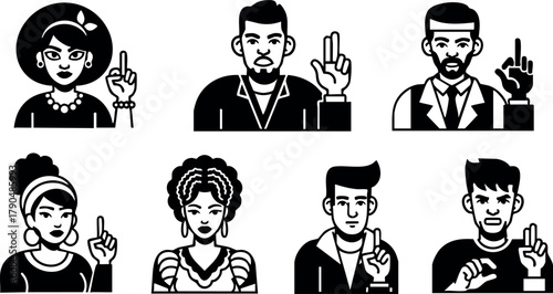Diverse people showing middle finger gesture in black and white vector set of eight illustrations