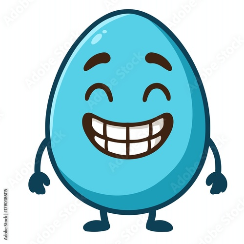 A light blue, egg-shaped character with dark blue outlines, features a broad, closed-eye smile, and small, simple arms and legs.