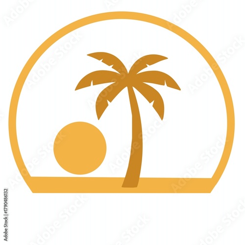 A minimalist orange and brown logo depicts a tropical scene within a semi-circle, featuring a palm tree and a setting or rising sun.