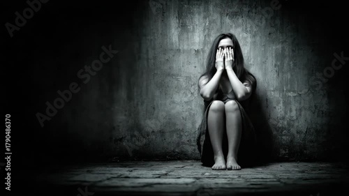 A young woman with long dark hair sits with hands covering her face in a dark, aged room