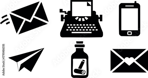 Communication icons set including envelope, typewriter, smartphone, paper plane, and ink bottle vector illustration