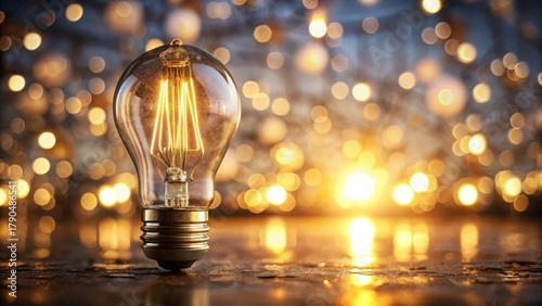 Illuminating Ideas A Glowing Filament Light Bulb on a Reflective Surface with a Warm, Bokeh Background