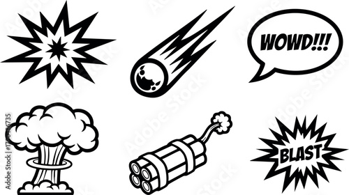 Comic style explosion blast dynamite meteor wow speech bubble vector icons set