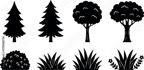 Tree and bush silhouette collection with pine and leafy shapes for natural landscape design vector illustration