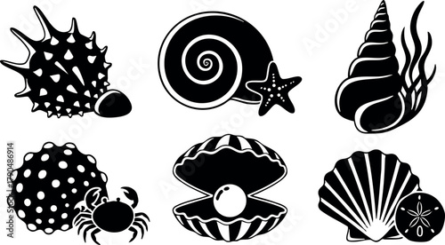 Black and white vector seashells and marine life collection design elements in silhouette style for decoration and creative projects
