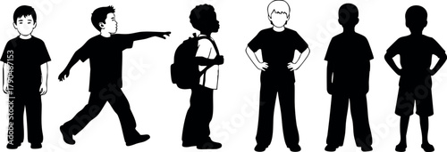 Children standing and playing silhouette vector art with different poses and backpack design