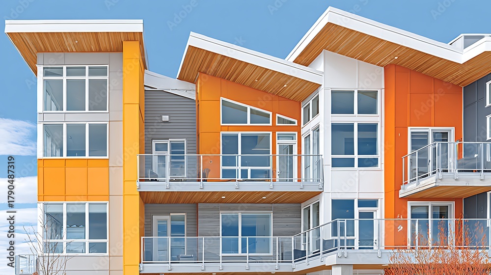 Obraz premium Bright Orange Building with Modern Architecture Against Clear Blue Sky