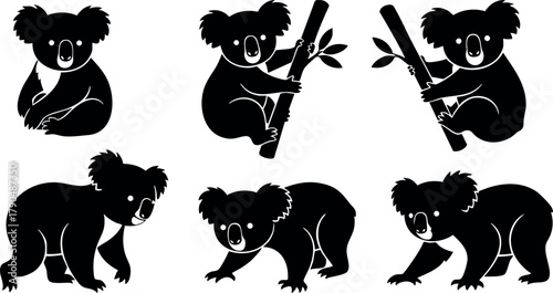 Koala bear silhouettes in various poses holding eucalyptus branches vector illustration for wildlife nature design