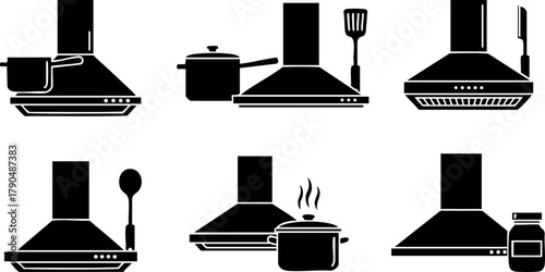 Kitchen stove hood icons collection with cooking pots and utensils black silhouette vector set
