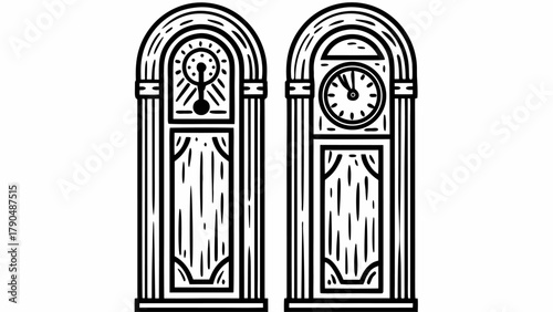 Striking minimalist black and white design showcasing antique grandfather clocks, perfect for adding a touch of timeless elegance to your next project