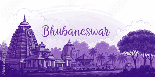 Bhubaneswar Skyline Sketch with Cultural Touch, Featuring Lingaraj Temple, Dhauli Stupa, Rajarani Temple and Odisha Heritage for Tourism and Travel Poster Use