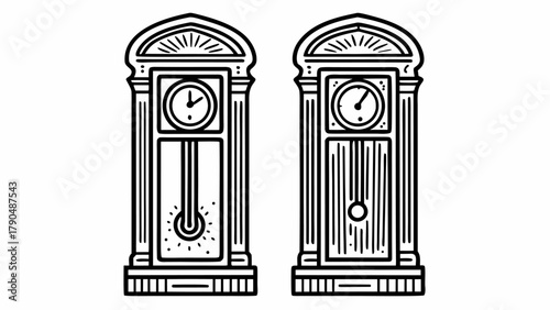 Classic grandfather clocks in a bold line art style, perfect for vintage designs, time management visuals, or adding a touch of old-world charm to projects