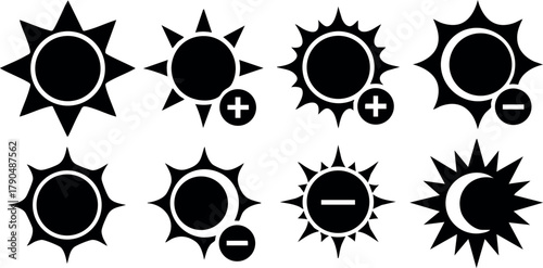 Set of black sun icons with plus and minus signs and crescent moon shapes in vector style for design and weather themes