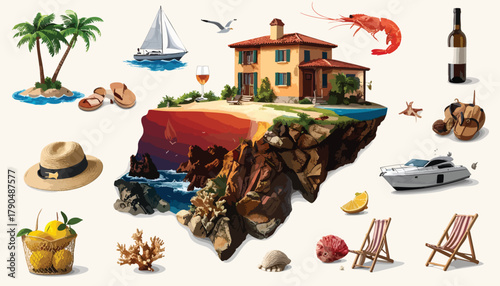 Coastline villa scene with various summer vacation elements