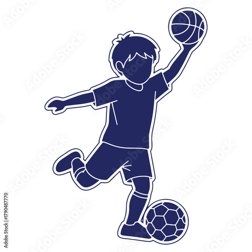 Active young boy playing sports having fun with a basketball and soccer ball graphic silhouette illustration