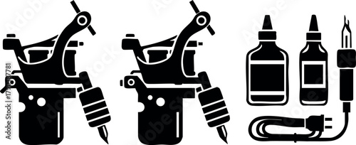 Tattoo machine with ink bottles and power supply vector icon set for tattoo artist equipment and design tools
