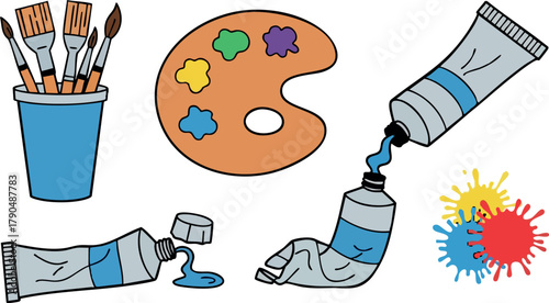 Paint tubes, artist brushes, colorful palette, and paint splashes vector illustration set for creative and artistic design projects