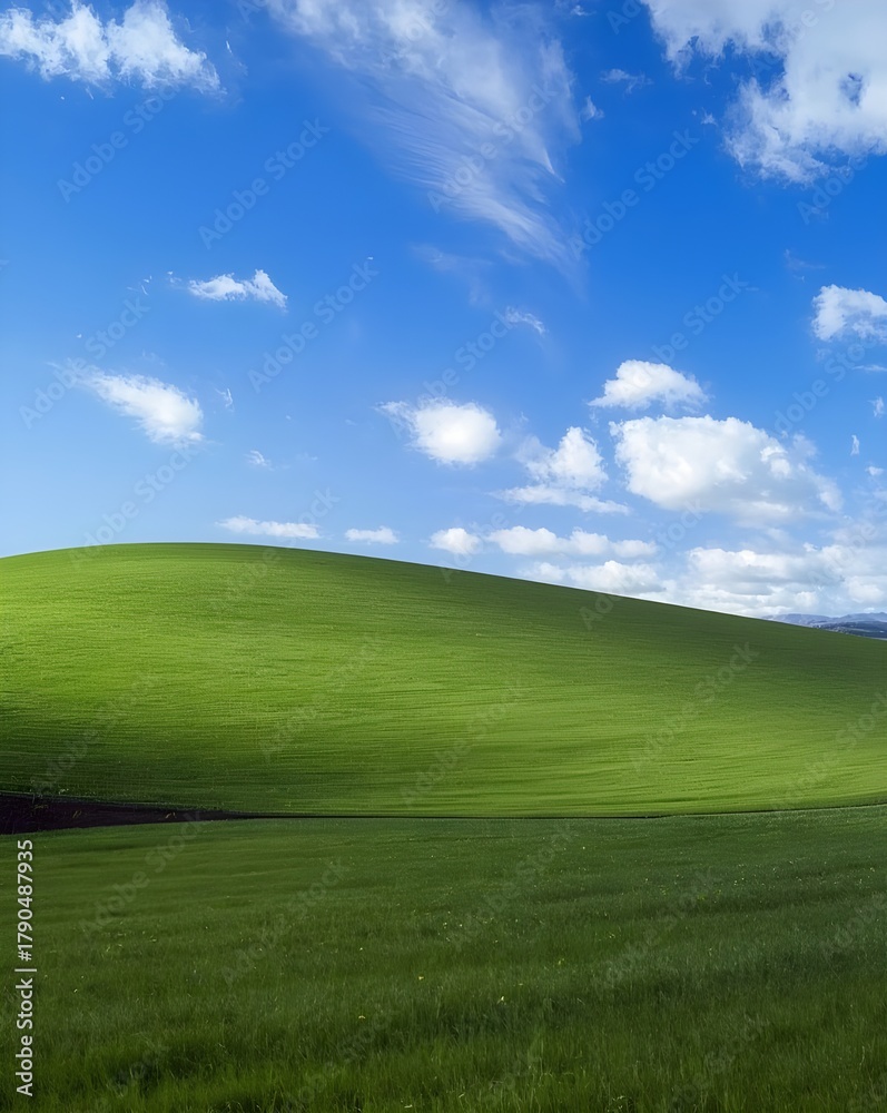 Obraz premium Bright green grassy hill under clear blue sky with white clouds in vivid daylight