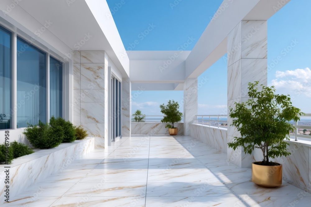 Obraz premium Modern luxury marble terrace with panoramic sky view
