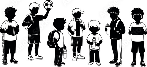 Group of diverse children playing soccer and standing with backpacks and sports gear in vector style