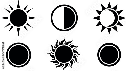 Sun symbols vector set with various celestial and solar eclipse designs for graphic and design projects