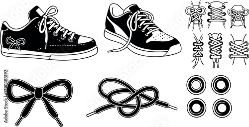 Casual sneakers with shoelaces and eyelets vector set for footwear design and fashion illustration